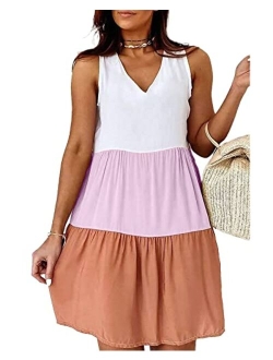 Women's V Neck Summer Dresses Color Block Sleeveless Casual Mini Dress