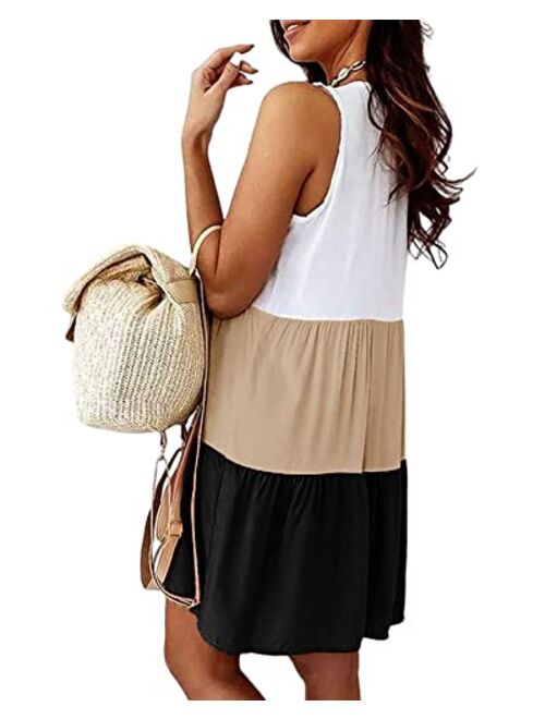 Cicy Bell Women's V Neck Summer Dresses Color Block Sleeveless Casual Mini Dress