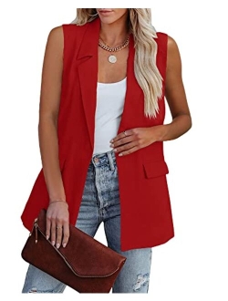 Women's Sleeveless Blazer Vest Casual Open Front Single Button Summer Jacket with Pockets