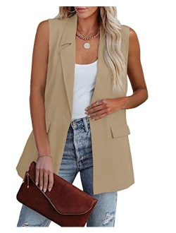 Women's Sleeveless Blazer Vest Casual Open Front Single Button Summer Jacket with Pockets