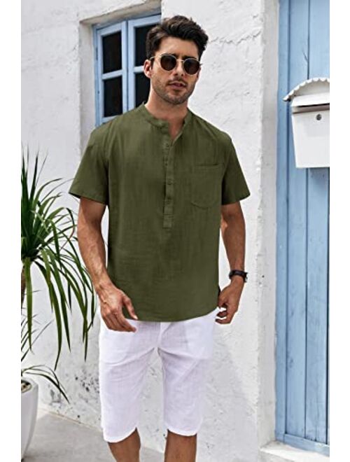 Bbalizko Mens Linen Cotton Henley Shirt Casual V Neck Short Sleeve Beach Hippie Yoga Tees Plain Summer Tops