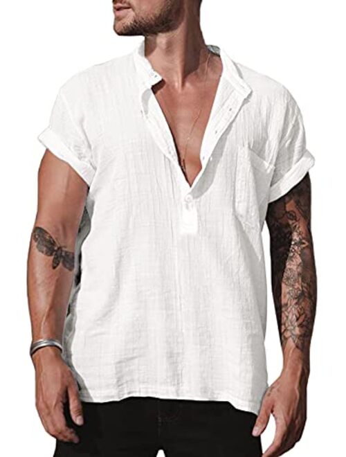 Bbalizko Mens Linen Cotton Henley Shirt Casual V Neck Short Sleeve Beach Hippie Yoga Tees Plain Summer Tops