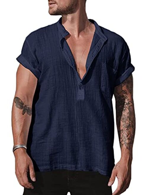 Bbalizko Mens Linen Cotton Henley Shirt Casual V Neck Short Sleeve Beach Hippie Yoga Tees Plain Summer Tops