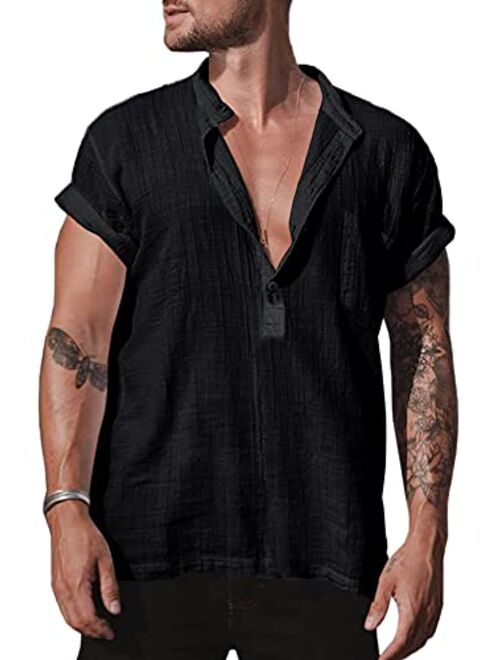 Bbalizko Mens Linen Cotton Henley Shirt Casual V Neck Short Sleeve Beach Hippie Yoga Tees Plain Summer Tops