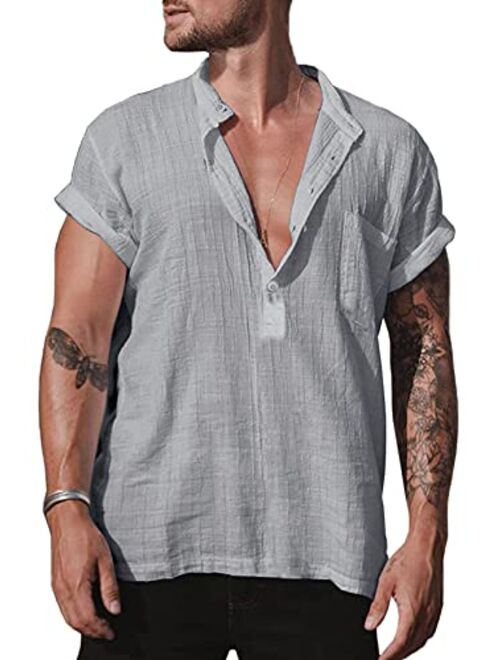 Bbalizko Mens Linen Cotton Henley Shirt Casual V Neck Short Sleeve Beach Hippie Yoga Tees Plain Summer Tops