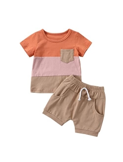 Hoanselay Toddler Infant Baby Boy Summer Shorts Clothes Color Block Short Sleeve T Shirt Top and Solid Shorts Set Outfit