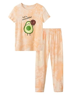 Tebbis Girls Pajamas Tie Dye Orange-Pink Avocado Cotton Tee & Pants Pjs Big Kids Size 6-18