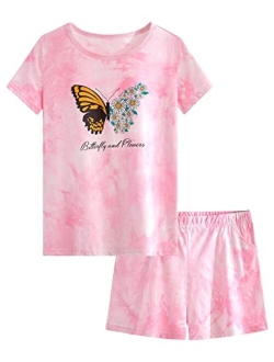 Tebbis Girls Pajamas Tie Dye Orange-Pink Avocado Cotton Tee & Pants Pjs Big Kids Size 6-18