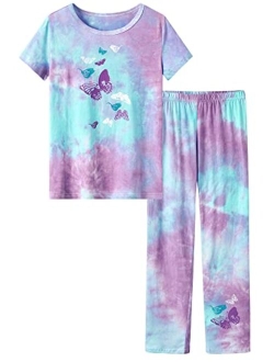 Tebbis Girls Pajamas Tie Dye Orange-Pink Avocado Cotton Tee & Pants Pjs Big Kids Size 6-18