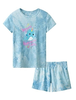 Tebbis Girls Pajamas Tie Dye Orange-Pink Avocado Cotton Tee & Pants Pjs Big Kids Size 6-18