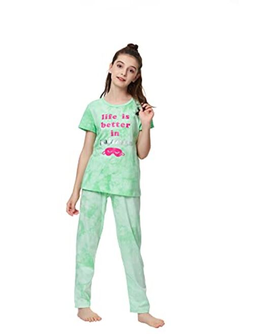 Tebbis Girls Pajamas Tie Dye Orange-Pink Avocado Cotton Tee & Pants Pjs Big Kids Size 6-18