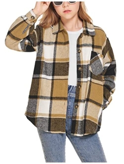 Flypigs Girls Long Sleeve Flannel Shirts Button Down Plaid Shacket Jacket Casual Collared Shirt Blouses Tops with Pocket