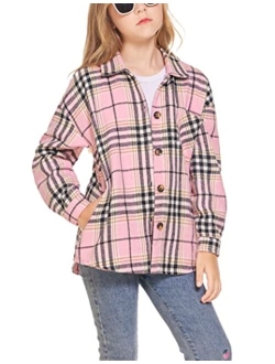 Flypigs Girls Long Sleeve Flannel Shirts Button Down Plaid Shacket Jacket Casual Collared Shirt Blouses Tops with Pocket