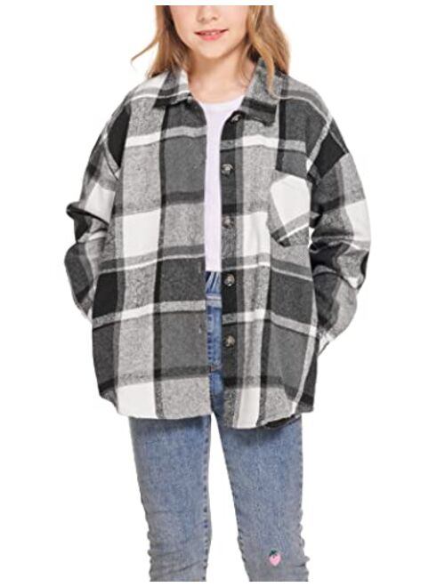 Flypigs Girls Long Sleeve Flannel Shirts Button Down Plaid Shacket Jacket Casual Collared Shirt Blouses Tops with Pocket