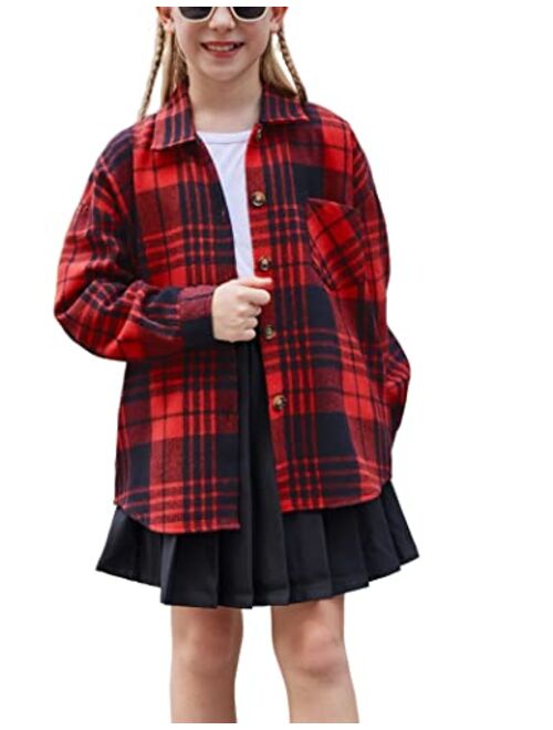 Flypigs Girls Long Sleeve Flannel Shirts Button Down Plaid Shacket Jacket Casual Collared Shirt Blouses Tops with Pocket