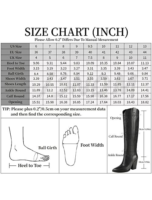 ISNOM Women's Western Boots Knee High Boots, Cowboy Cowgirl Embroidered Chunky Block Heel Pointed Toes Slip on Boots