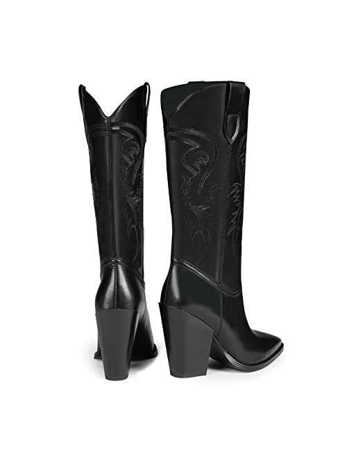 ISNOM Cowgirl Boots for Women, Embroidered Pointed Toe Chunky Heel Western Boots