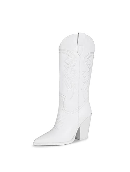 ISNOM Cowgirl Boots for Women, Embroidered Pointed Toe Chunky Heel Western Boots