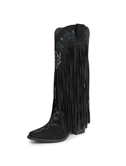 ISNOM Mid Calf Fringe Cowboy Boots for Women, with Sassy Tassel and Classic Western Embroider Design