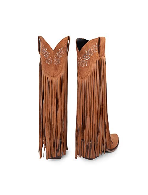 ISNOM Mid Calf Fringe Cowboy Boots for Women, with Sassy Tassel and Classic Western Embroider Design