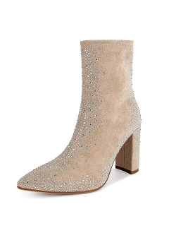 ISNOM Women Rhinestones Boots Suede Ankle Boots with Chunky Heel, Pointed Toe, Side Zipper