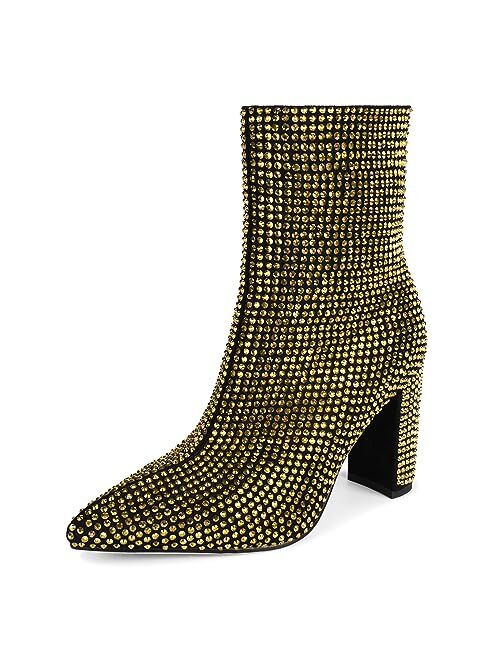 ISNOM Women Rhinestones Boots Suede Ankle Boots with Chunky Heel, Pointed Toe, Side Zipper