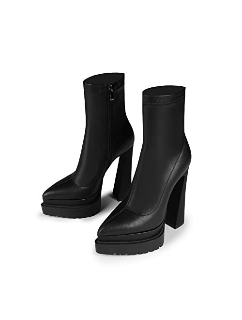 ISNOM Chunky Platform Boots for Women, with Lug Sole, Side Zipper and Block Heel Design