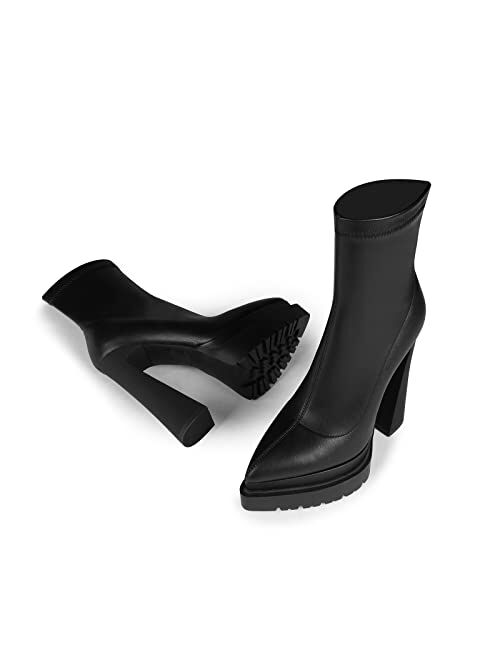 ISNOM Chunky Platform Boots for Women, with Lug Sole, Side Zipper and Block Heel Design