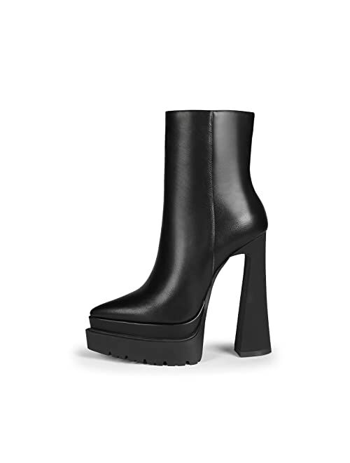 ISNOM Chunky Platform Boots for Women, with Lug Sole, Side Zipper and Block Heel Design