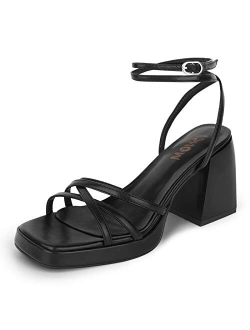 ISNOM Black Platform Heels for Women Heeled Sandals with Lace Up Strappy Ankle Strap Square Open Toe for Wedding Work Party Dress