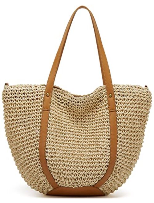 Caistre Summer Casual Straw Tote Bag Large Capacity Woven Shoulder Handbag for Summer Beach Vocation