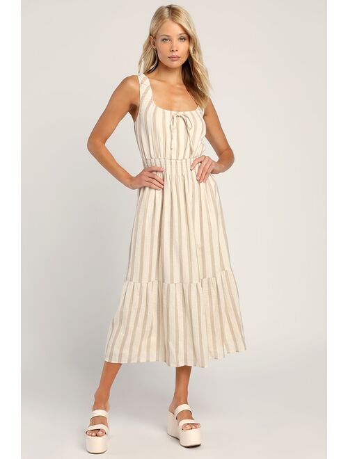 Lulus Beautiful Breezes Ivory Striped Linen Tiered Midi Dress