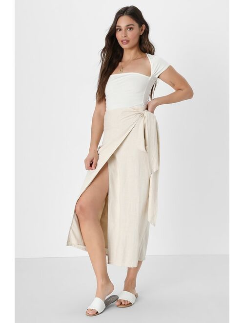 Lulus Breezy Personality Beige Linen Midi Wrap Skirt