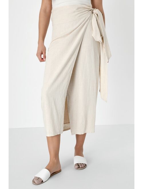 Lulus Breezy Personality Beige Linen Midi Wrap Skirt