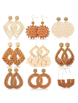 LANTAI 16 Pairs Trendy Acrylic Earrings Rattan Earrings for Women Girls-Summer Beach Straw Earrings Resin Dangle Drop Fashion Earrings Geometric Statement Earrings Vacati