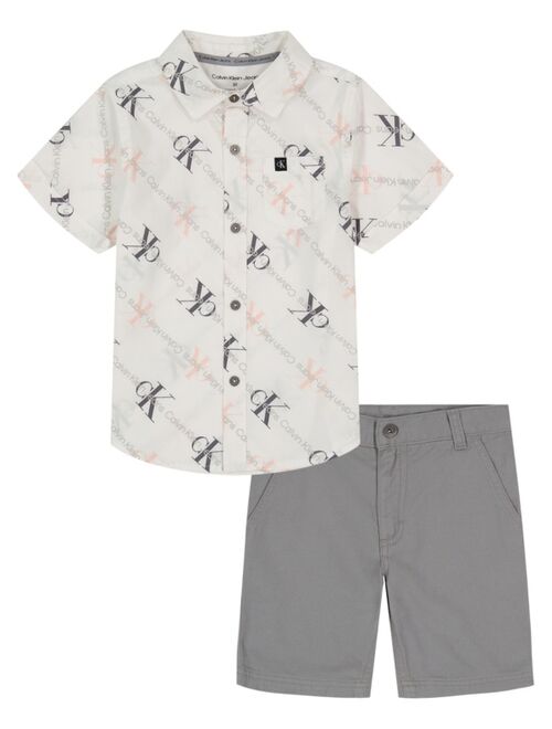 CALVIN KLEIN Little Boys Monogram Print Button-Front Shirt and Twill Shorts, 2 Piece Set