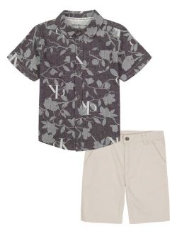 Little Boys Printed Chambray Button-Front Shirt and Twill Shorts, 2 Piece Set