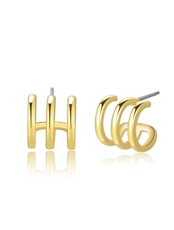 Obidos 14K Gold Plated Triple Huggie Illusion Stud Earrings | Double Huggie Hoop Earrings for One Hole | Gold Hoop Earrings for Women