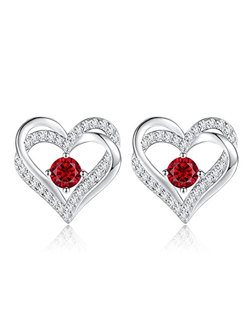 CDE Forever Love Heart Stud Earrings 925 Sterling Silver with Birthstone Zirconia, Anniversary Valentine's Day Birthday Jewelry Gifts for Women Girls