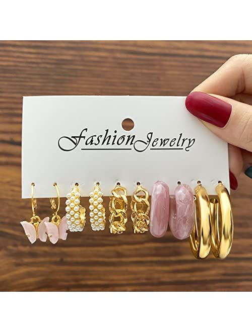 Showagain 32 Pairs Gold Hoop Earrings Set for Women Girls, Fashion Chain Link Hoop Stud Drop Dangle Earrings Boho Statement Hypoallergenic Earrings for Christmas Jewelry 