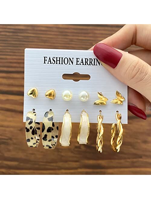 Showagain 32 Pairs Gold Hoop Earrings Set for Women Girls, Fashion Chain Link Hoop Stud Drop Dangle Earrings Boho Statement Hypoallergenic Earrings for Christmas Jewelry 