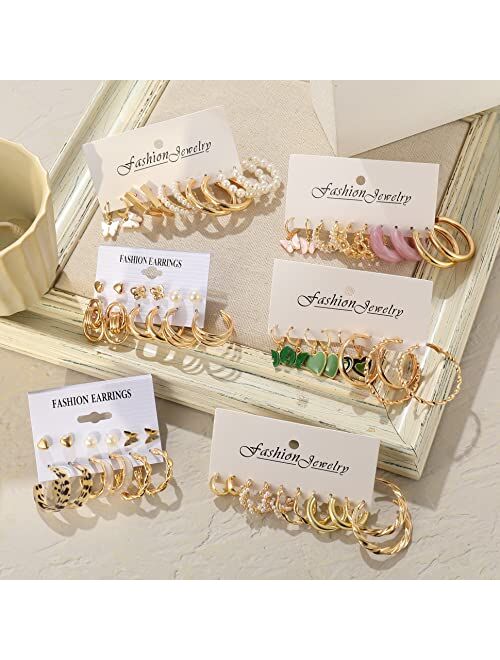 Showagain 32 Pairs Gold Hoop Earrings Set for Women Girls, Fashion Chain Link Hoop Stud Drop Dangle Earrings Boho Statement Hypoallergenic Earrings for Christmas Jewelry 