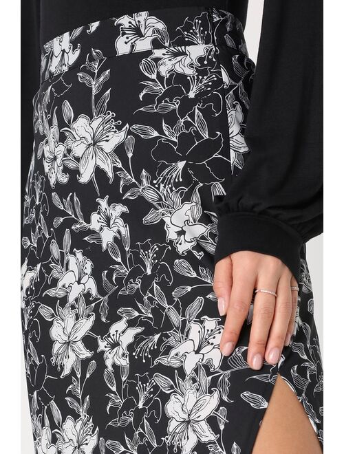 Lulus Cute Intentions Black Floral Print High-Waisted Midi Skirt