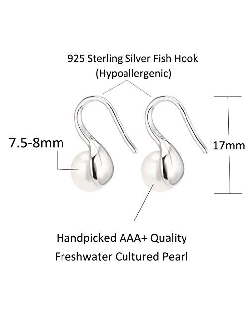 Pearlada 925 Sterling Silver Hoop Handpicked AAA+ Quality 7.5-8mm White Freshwater Cultured Pearl Dangle Drop Earrings Jewelry for Women Girls