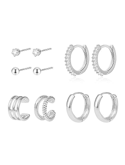 Alexcraft Earring Sets for Multiple Piercing | 14K Gold Plated Studs Earrings and Hoops Set Hypoallergenic Small Hoop CZ Ball Studs Earrings for Women Girls6 Pairs