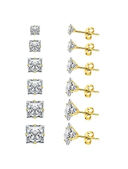 UHIBROS Stainless Steel Stud Earrings Set for Men, 14K White Gold Plated Square Cubic Zirconia Studs Hypoallergenic Mens Earrings Pack 6 Pairs