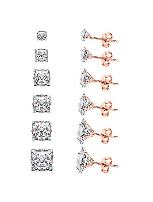 UHIBROS Stainless Steel Stud Earrings Set for Men, 14K White Gold Plated Square Cubic Zirconia Studs Hypoallergenic Mens Earrings Pack 6 Pairs