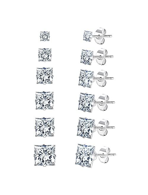 UHIBROS Stainless Steel Stud Earrings Set for Men, 14K White Gold Plated Square Cubic Zirconia Studs Hypoallergenic Mens Earrings Pack 6 Pairs