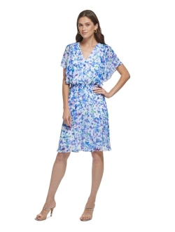 Women's Floral-Print V-Neck Flutter-Sleeve Dress