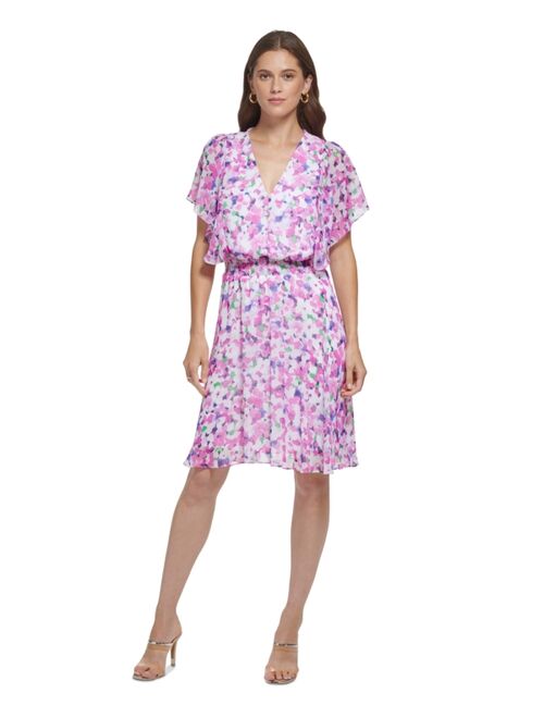 DKNY Women's Floral-Print V-Neck Flutter-Sleeve Dress